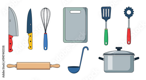 Collection of essential kitchen cooking utensils and tools represented as a colorful vector graphic design