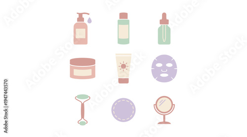 Assorted Skincare Bottles Jars and Beauty Products on White Background. Vector Illustrations. EPS Editable