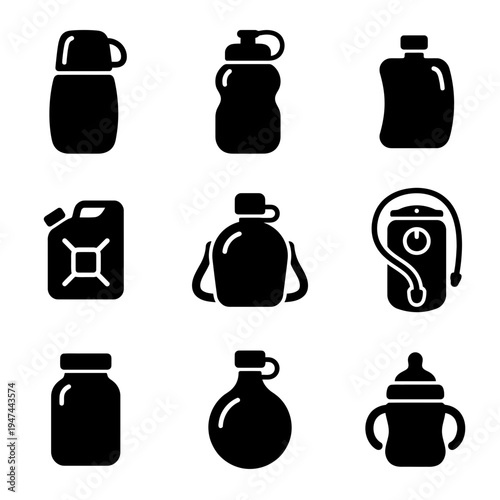 A collection of various bottle and container silhouette icons for liquids.