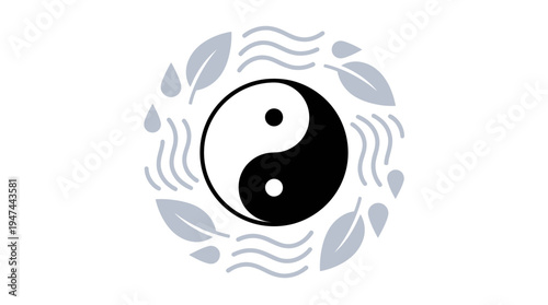 Balanced Yin Yang Symbol with Circular Laurel Pattern. Vector Illustrations. EPS Editable
