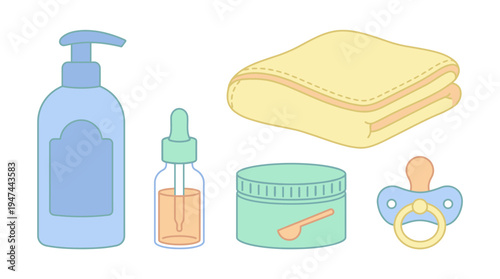 Baby Care Essentials Flat Lay Towels Lotion Pacifier Skincare. Vector Illustrations. EPS Editable