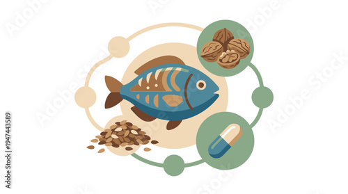Blue Fish with Seeds and Floating Food Circles. Vector Illustrations. EPS Editable