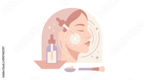 Calm Beauty Routine Scene with Skincare Bottle and Tools. Vector Illustrations. EPS Editable