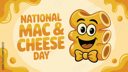 Animated macaroni noodles character joyfully celebrating National Mac and Cheese Day