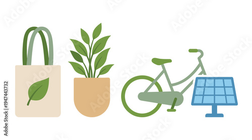 Eco Living Elements Bag Plant Bicycle and Solar Icon Set. Vector Illustrations. EPS Editable