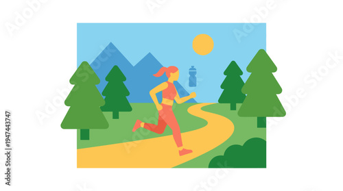 Energetic outdoor runner on scenic forest trail. Vector Illustrations. EPS Editable