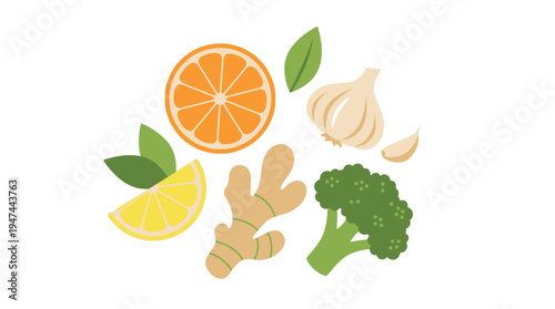 Fresh Citrus and Ginger Garlic Broccoli Ingredients Palette. Vector Illustrations. EPS Editable