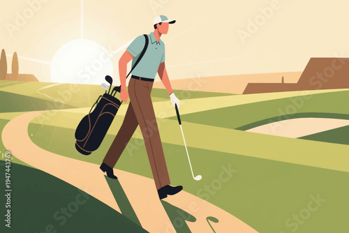 Golfer walking on course at sunrise with golf bag and club, stylized vector illustration of outdoor leisure, sport and serene lifestyle.