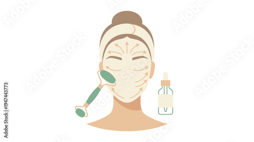 Gentle Facial Treatment With Skincare Mask And Lotion. Vector Illustrations. EPS Editable
