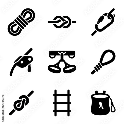 Rock climbing and mountaineering equipment solid glyph icons set.