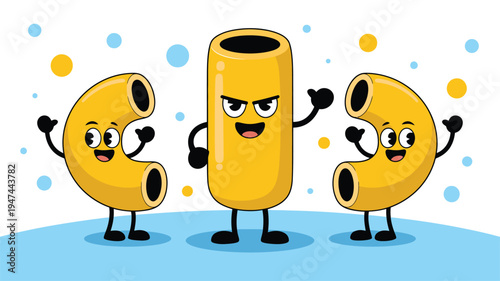 Animated pasta characters, macaroni and rigatoni, showing funny and playful expressions together