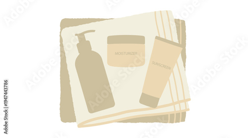 Gentle Skincare Essentials Arranged on Soft Towels for Flat Lay. Vector Illustrations. EPS Editable