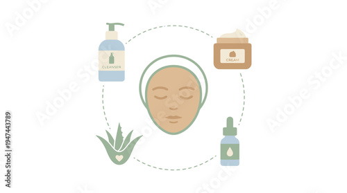 Gentle Skincare Product Circle Illustration With Face Mask. Vector Illustrations. EPS Editable