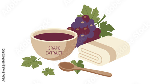 Grape Extract Tea with Herbal Leaves and Pastry Roll. Vector Illustrations. EPS Editable