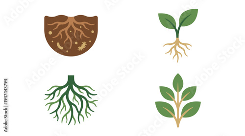 Growing Plant Roots and Seedling Development Concept. Vector Illustrations. EPS Editable