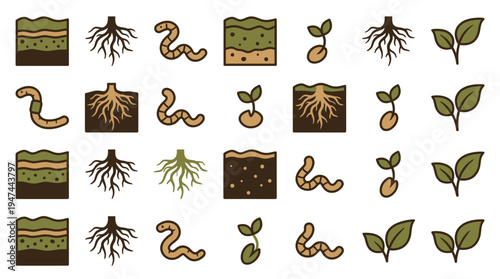 Growing Seeds and Roots in Rich Soil with Tiny Sprouts and Plants. Vector Illustrations. EPS Editable