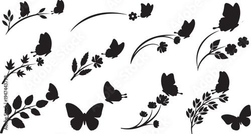 Black Butterfly and Flower Silhouettes on White Background Design