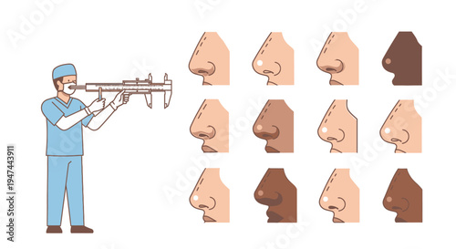 Medical Professional with Rifle Demonstrates Diverse Nose Portraits Across Colors. Vector Illustrations. EPS Editable