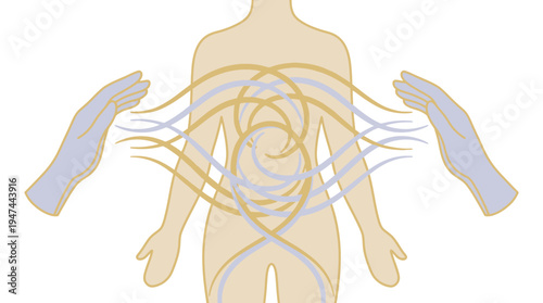 Medical illustration of patient care and hands surrounding a human figure for support. Vector Illustrations. EPS Editable