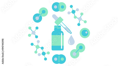 Medical vaccination bottle with dropper and molecular graphics. Vector Illustrations. EPS Editable