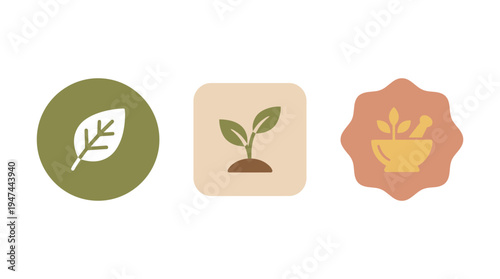 Minimal Plant Icon Set With Leaf Circle Sprout Square and Badge. Vector Illustrations. EPS Editable