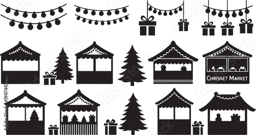 Christmas market stalls and decorations in black silhouette style