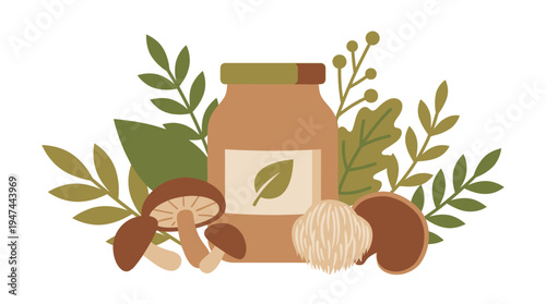 Natural Nut Butter Jar with Assorted Nuts and Leaves. Vector Illustrations. EPS Editable