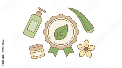 Natural Skincare Essentials with Botanical Oils and Leaf Emblem. Vector Illustrations. EPS Editable