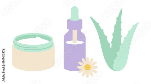 Natural Skincare Trio with Aloe Plant and Droplet Bottle. Vector Illustrations. EPS Editable