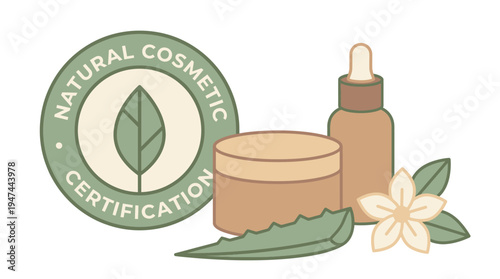 Natural Cosmetics Certification Seal with Skincare Cream and Plant Based Beauty Products. Vector Illustrations. EPS Editable