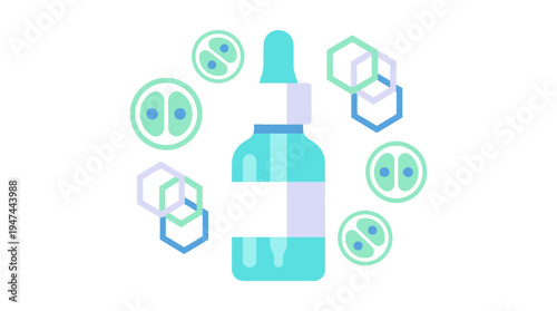 Modern Skincare Serum Bottle with Dropper and Ethereal Circular Icons. Vector Illustrations. EPS Editable