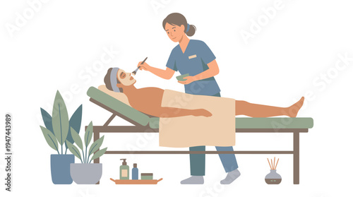 Nurse Assisting Patient On Hospital Bed In Care Setting. Vector Illustrations. EPS Editable