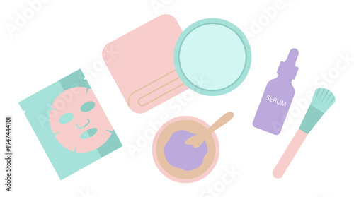 Skincare Set With Mask Sheet Bowl Cream Towel Mirror Brush Bottle For Routine. Vector Illustrations. EPS Editable