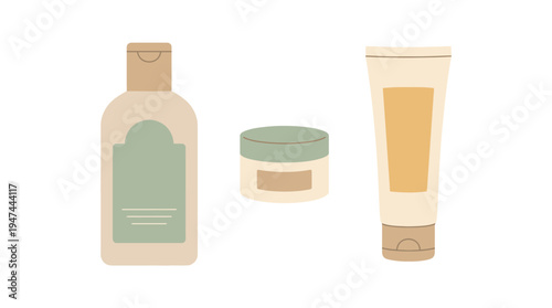 Skincare Trio Bottles Jar and Tube on White Background. Vector Illustrations. EPS Editable
