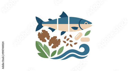 Stylized Fish and Nature Elements in Water Scene. Vector Illustrations. EPS Editable