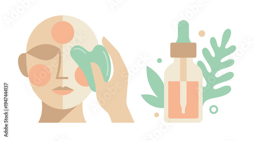 Stylized skincare routine illustration with serum application. Vector Illustrations. EPS Editable