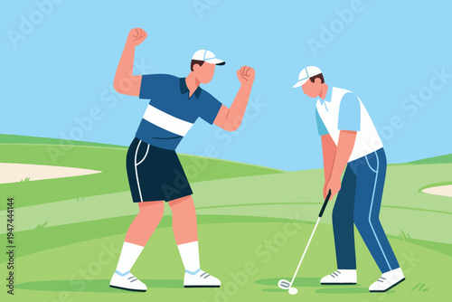 Two golfers on course, one celebrating with raised arms while other concentrates on putting ball into hole, stylized vector illustration of sport, leisure and camaraderie.