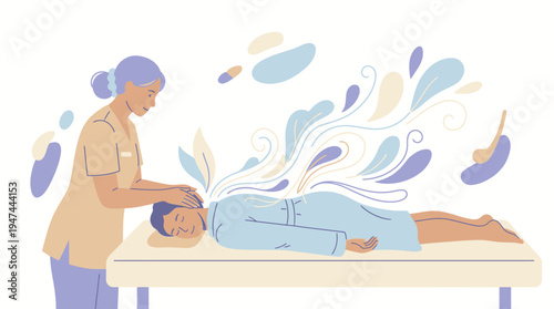Therapist Performs Relaxing Back Massage On Patient In Spa Setting. Vector Illustrations. EPS Editable