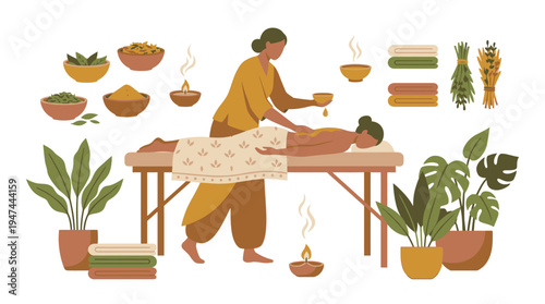 Traditional spa massage session with therapist and client in serene setting. Vector Illustrations. EPS Editable