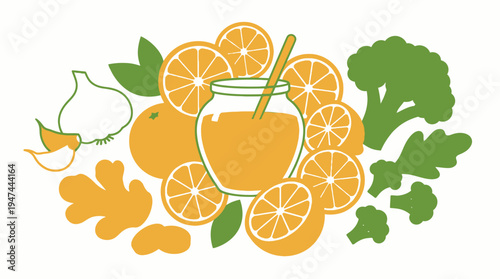 Vibrant Citrus Medley with Honey and Fresh Produce. Vector Illustrations. EPS Editable