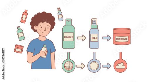 Young Person Mixing Bottles and Liquids In Simple Science Inspired Tutorial. Vector Illustrations. EPS Editable