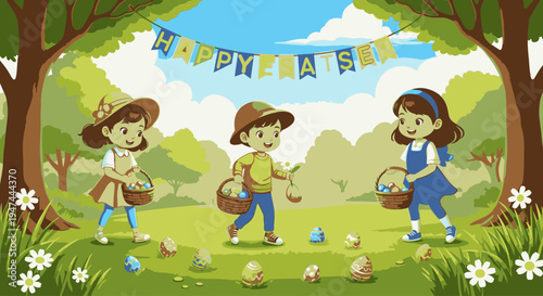 Illustration of three children in a park collecting Easter eggs from baskets under a 'HAPPY EASTER' banner with trees and flowers.