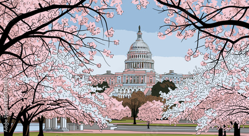 Illustration of the US Capitol Building surrounded by blooming cherry blossom trees in Washington D.C. with a clear blue sky and white clouds.