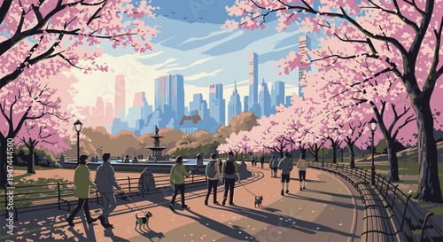People walking and playing with dogs on a path in a park with cherry blossom trees and a city skyline in the background under a blue sky with clouds.