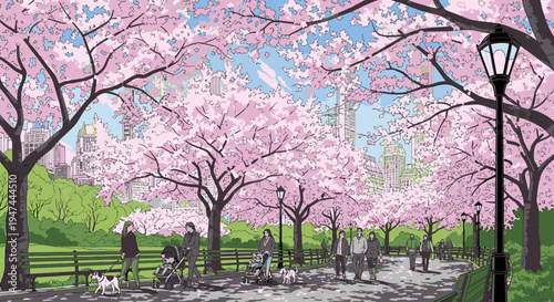 A scenic walking path in a park with blooming cherry blossom trees, people strolling and walking dogs on a sunny day with a clear blue sky and city skyline in the background.