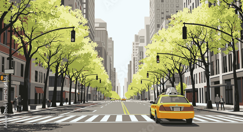 A yellow taxi drives down a tree-lined city street with tall buildings and traffic lights on a bright day.
