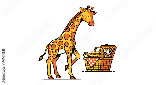 Giraffe at a Picnic - A Whimsical Illustration of Natures Curiosity.