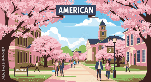 Illustration of a university campus with pink cherry blossom trees, people walking on a pathway, and a clock tower in the background under a blue sky with white clouds.