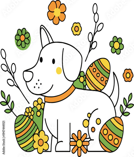 White dog with orange collar smiling.