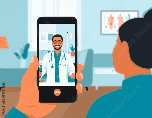 flat vector illustration of a patient doing telemedicine consultation with doctor online